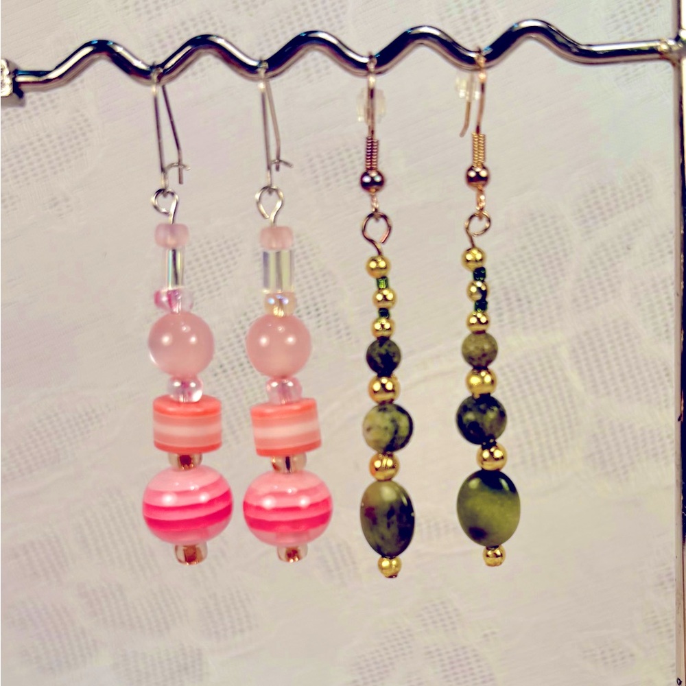 Earrings Pierced Handcrafted Unique Design Shades of Pink Glass Beads & Jadeite